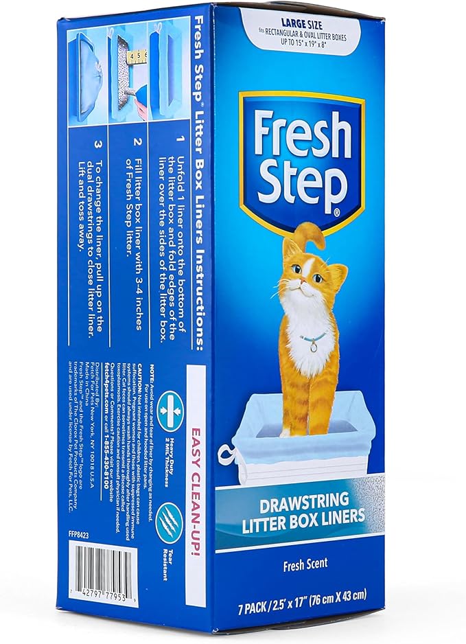 Fresh Step Drawstring Cat Litter Box Liners, Scented Heavy Duty Kitty Litter Bags for Large Oval or Rectangle Pans, Helps Contain Odor and Mess, Easy Lift Out Cleanup, 30 x 17 in, 7 Count (Pack of 2)