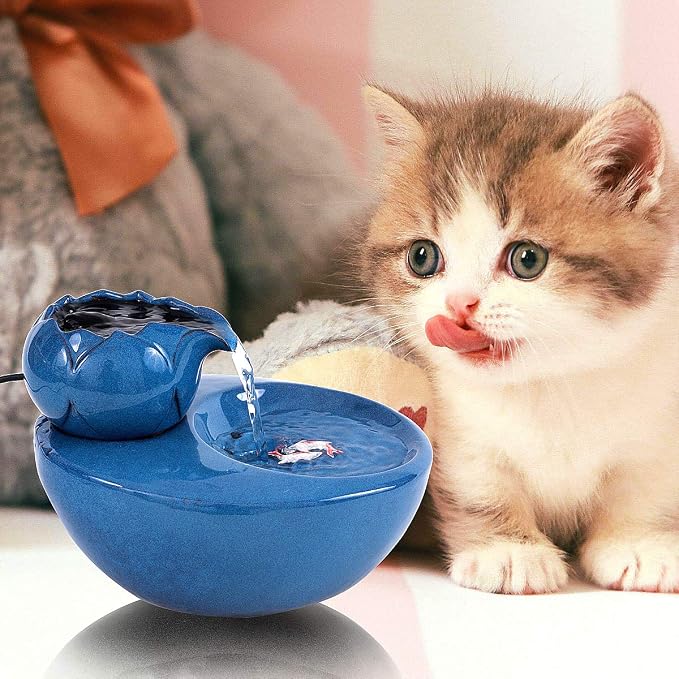 Ceramic Cat Drinking Water Fountain, 1.3 Liters Pet Water Fountains for Cats and Dogs, Electric Pet Water Dispenser with Quiet Pump and 5 Replacement Filters - Blue Lotus Style