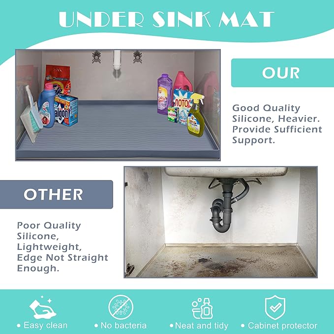 URMONA Waterproof Silicone Under Sink Mat 31'' x 22'' Shelf Liner for Kitchen and Bathroom, Cabinet and Counter Protector, Storage and Organizers, Litter Mat, Pet Cat Puppy Essentials(Cream)
