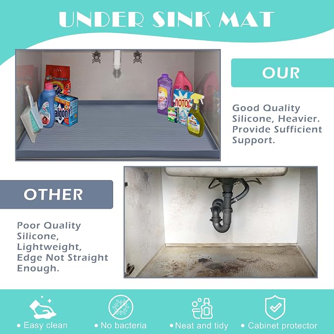 URMONA Waterproof Silicone Under Sink Mat 19'' x 12'' Shelf Liner for Kitchen and Bathroom, Cabinet and Counter Protector, Storage and Organizers, Litter Mat, Pet Cat Puppy Essentials(Beige)
