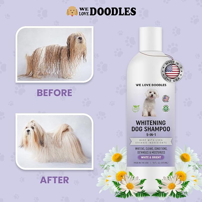 We Love Doodles Whitening Dog Shampoo & Slicker Brush - Made in USA, Brightening Dogs Fur, Removes Stains & Discoloration, for Grooming Pet Hair, Long Pin Brush for Dematting
