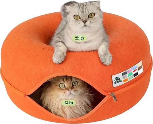Cattasaurus Peekaboo Cat Cave Donut for Multiple & Large Cats up to 30-45 lbs, 3-in-1 Self Warming Cat Bed, Tunnel & Scratcher for Indoor Cats, Washable & Detachable Small Dog Bed (Orange, Large)