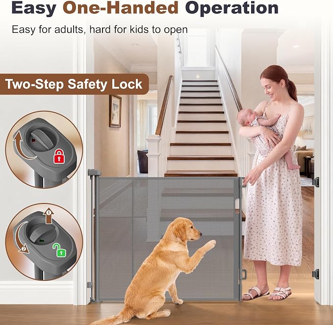 GRENFU Reinforced Retractable Baby Gates for Doorways, Retractable Gate with Support Rods to Prevent Crawling Through, Extends to 59" Wide 33" Tall, 5 FT Retractable Dog Gate for Indoor/Outdoor, Gray
