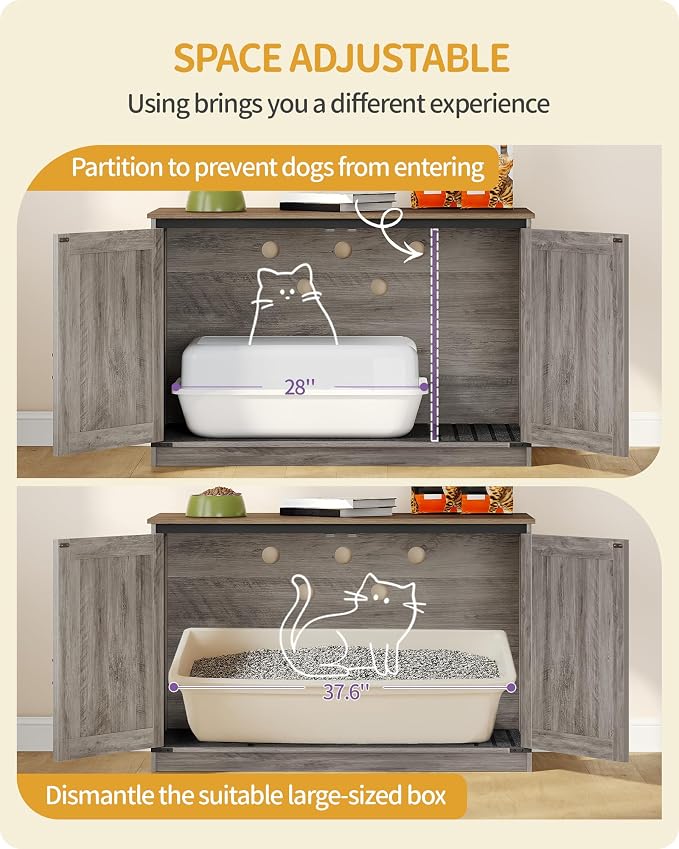 Hzuaneri Cat Litter Box Enclosure with Cushion, Hidden Litter Box Furniture with Removable Dividers, Reversible Entrance Left or Right Side, Cat House, Greige CB84705X