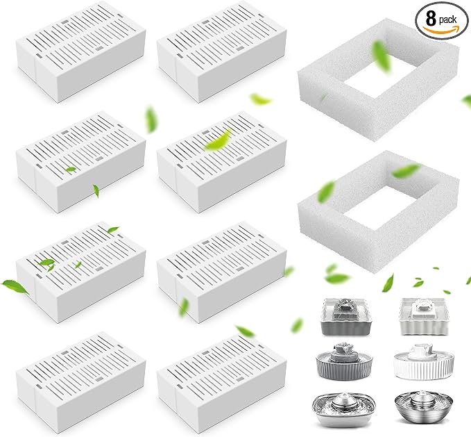 8 Pack Ceramic Cat Fountain Filter Replacement, Triple Cupcake Cat Fountain Filters, 8 Pet Fountain Carbon Filters and 2 Foam Filters for Ceramic/Cupcake Cat Water Fountain （8 Filters）