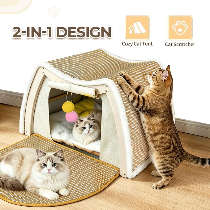 Cat Houses for Indoor Cats, Cat House with Natural Sisal Cat Scratcher Mat, Sturdy Solid Wood Frame Cat Houses & Condos, 4 Seasons Cat Bed Cave with Curtains, Sisal Scratching Pad & Mat