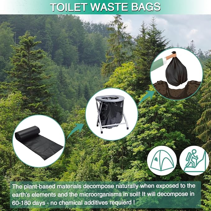 80/60/20 Portable Camping Toilet Bags 100% Compostable 8 Gallon Use with 5 Gallon Bucket Toilet, Camp Toilet Waste Bags, Disposable Biodegradable Poop Bags for Outdoor Camping