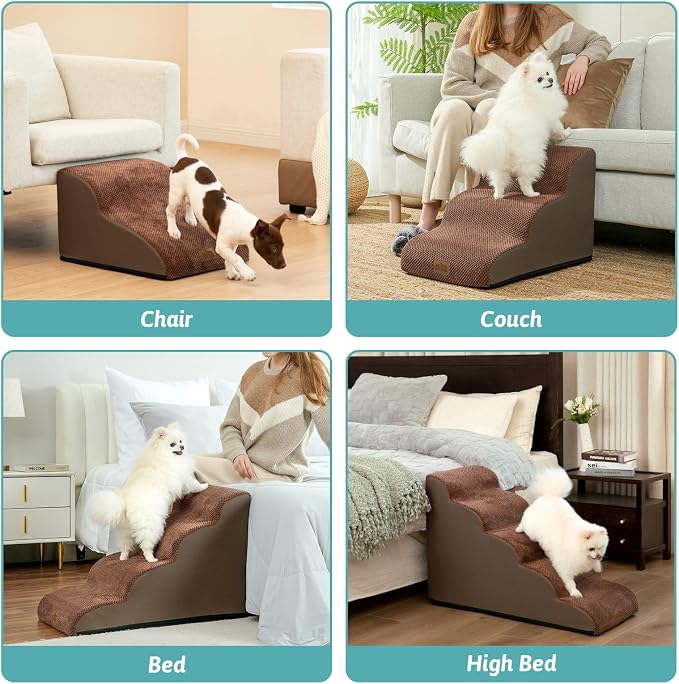 COZY KISS Dog Stairs for High Bed 22.6" H, Small Dog Step for Puppy, Older or Cat, Curved Ramp for Car, Ladder with High Density Foam, Lightweight, Durable, 15.7x33x22.6 inch, 5 Step, Brown