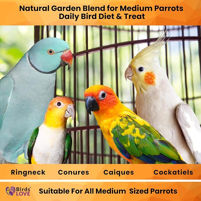 Birds LOVE All Natural Garden Blend Bird Food for Medium Birds, 4 lb, Fruit, Nut, Vegetable & Seed Mix for Cockatiels, Conures, Ringneck Parakeets & Small Quakers, Resealable Freshness Bag