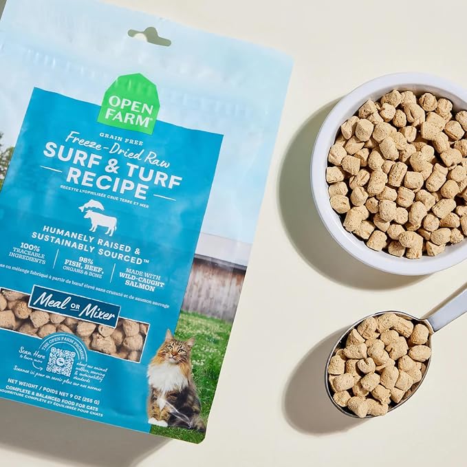 Open Farm, Freeze Dried Raw Cat Food, Complete Meal Morsels or Cat Treats with 92% Meat, Organs & Bone, Surf & Turf Recipe, 9oz Bag