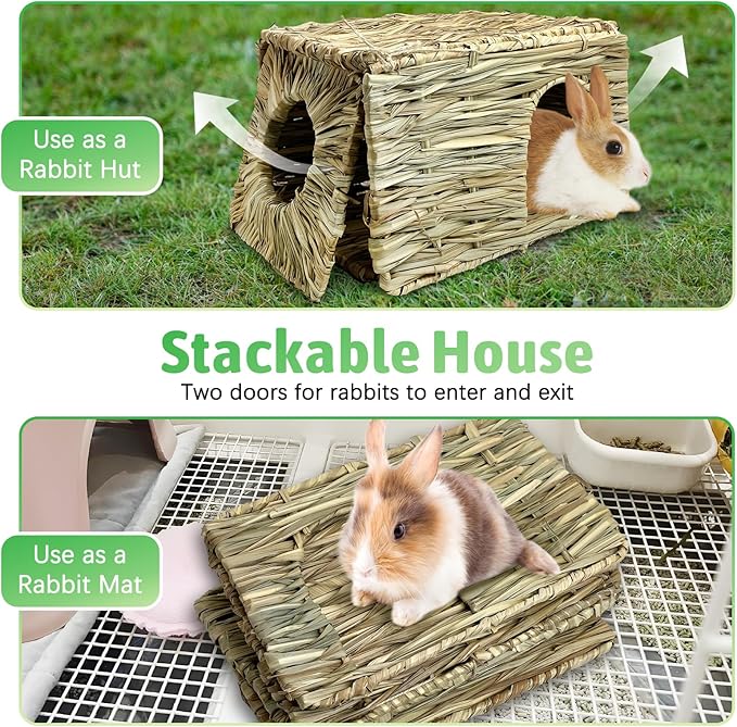 Tfwadmx Rabbit Grass House - Natural Hand Woven Seagrass Play Hay Bed, Hideaway Hut Toy for Bunny Hamster Guinea Pig Chinchilla Ferret