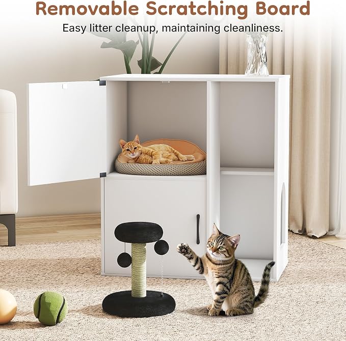Rovibek Double Cat Litter Box Enclosure, Hidden Litter Box Furniture with Scratching Post and Dangling Ball, Dual Cat Litter Cabinet for 2 Litter Boxes, White