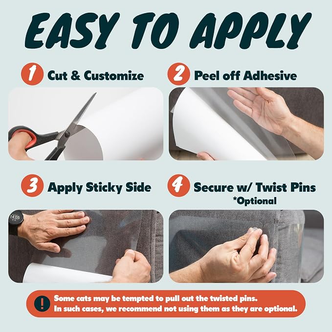 FixZilla Anti Cat Scratch Furniture Protector, 8-Pack Couch Protector from Cat Claws – Heavy-Duty, Easy-to-Apply Scratching Deterrent and Shield for Sofa Corners, Walls, and Doors- with 50 Twist Pins
