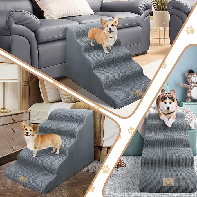 Mestuel Dogs Stairs for High Bed, 23in Foam Dog Stairs Steps for Large Dogs, Large Pet Stairs, 5 Steps Dog Ramp to High Couch Sofa Bed Indoor with Gentle Slope& Nonslip Bottom, Gray