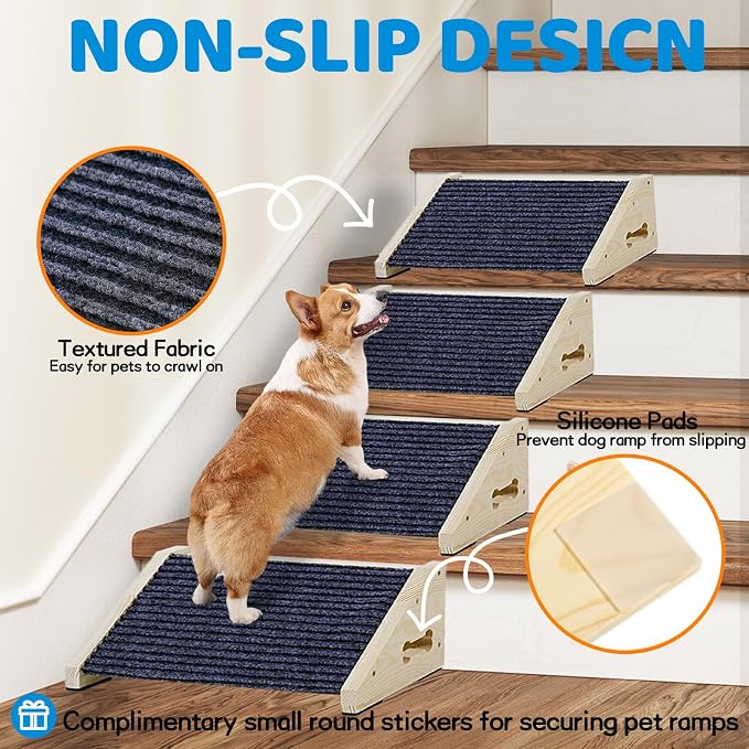 Extra Wide Dog Ramps for Stairs, Wooden Pet Ramp&Stairs for Small Dogs, Non-Slip Pet Steps for Any Staircase, Dog Stair Ramp for Injured Dogs with Anti-Slip Strip, 4 Pack