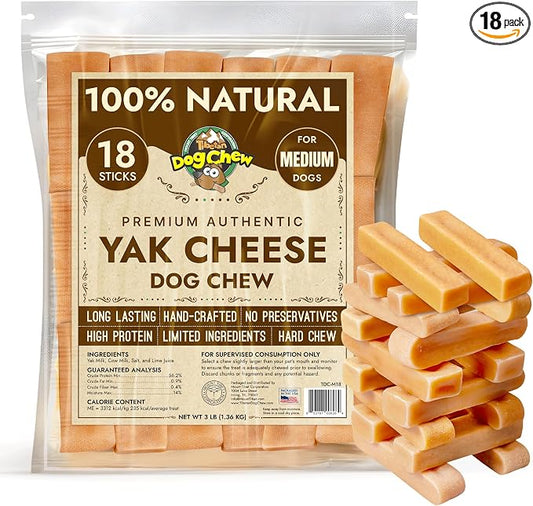 Tibetan Dog Chew Yak Cheese Sticks (18 Medium Chews) - Natural Handmade Treats for Medium Dogs, Long-Lasting, Easy to Digest, No Additives, Rawhide, Grains or Gluten, Perfect for Aggressive Chewers