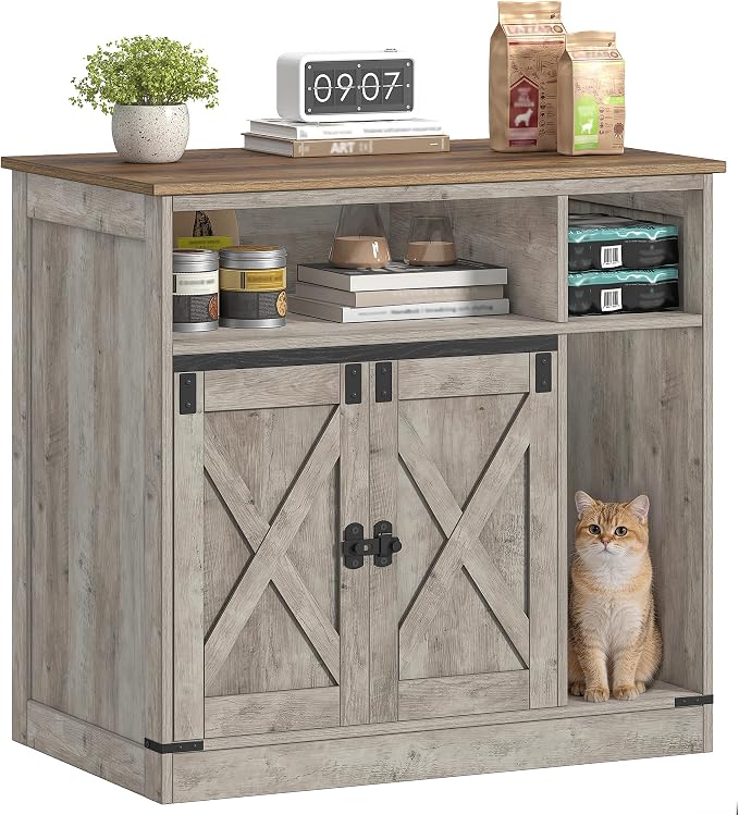 Hzuaneri Cat Litter Box Enclosure, Hidden Litter Box Furniture with Storage, Wooden Cat Cabinet with Scratch Pad, Farmhouse Cat Washroom, TV Stand End Table, Greige CB87505X