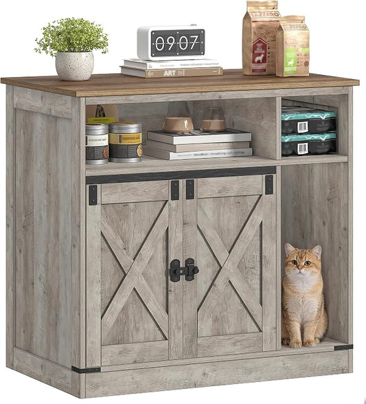 Hzuaneri Cat Litter Box Enclosure, Hidden Litter Box Furniture with Storage, Wooden Cat Cabinet with Scratch Pad, Farmhouse Cat Washroom, TV Stand End Table, Greige CB87505X