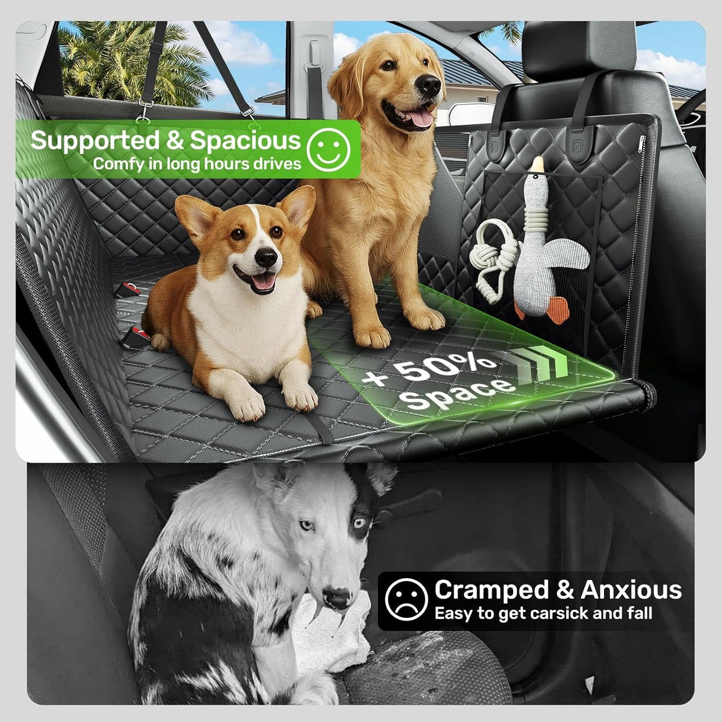 Zanch 2025 Upgraded Dog Car Seat Cover, 400 lbs Heavy Duty Hard Bottom, Waterproof & Anti-Scratch Back Seat Protector, Nonslip Pet Hammock Extender Cars, SUV, Trucks, Standard-Green