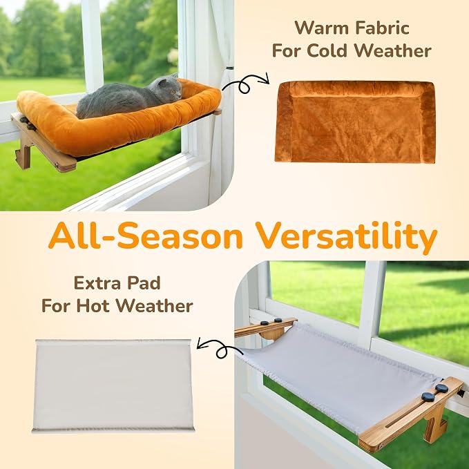 2 Pack Cat Window Perch with Cushion Bolster and Cool Pad, Cat Hammocks for Windows with Wood & Robust Metal Frame for Large Cats (Natural & Walnut Wood with Brown & Gray Cushion, 24" W)