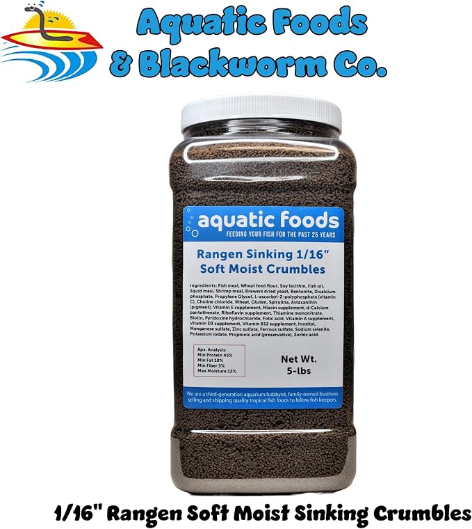 1/16" Soft Moist Sinking Salmon Crumbles for Baby Axolotls, Shrimp, Snails, Crabs, Small Amphibians, Bottom Tropical Fish...5-lb Lg Jar