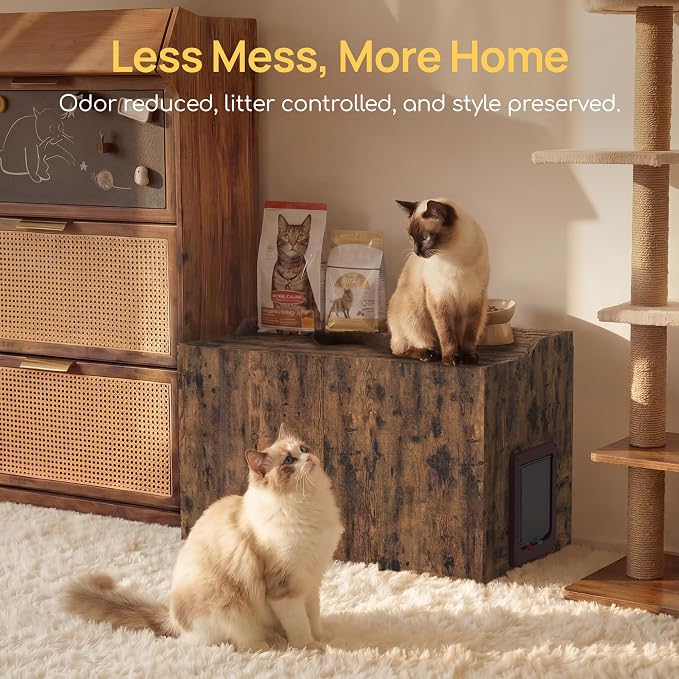 Cat Litter Box Enclosure Furniture with Cat Door, Extra Large Hidden Litter Box Cabinet for XL Boxes, 31.5" L x 19.8" W x 21.1" H, Wooden Cat Box Furniture Odor Control, Brown