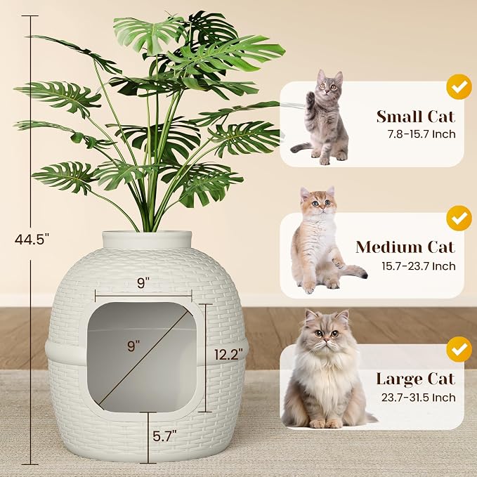 Hidden Plant Litter Box, Large Cat Litter Box Furniture with Odor Control Carbon Filter, Litter Box Enclosure for Home, Faux Plant and Real Stones, Gray