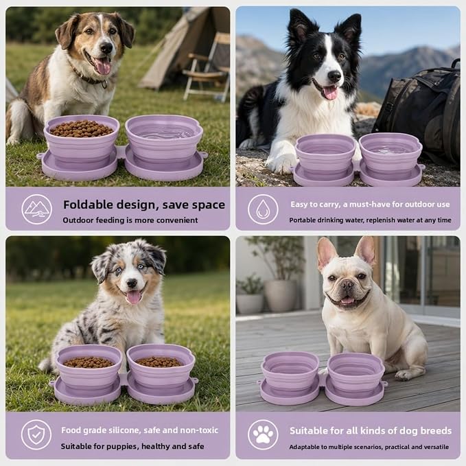Portable Collapsible Dog Bowl, 2-in-1 Foldable Pet Feeding & Water Dish with Carabiner Lightweight Travel Bowl for Dogs & Cats, Perfect for Walking, Hiking, Camping (Pink)