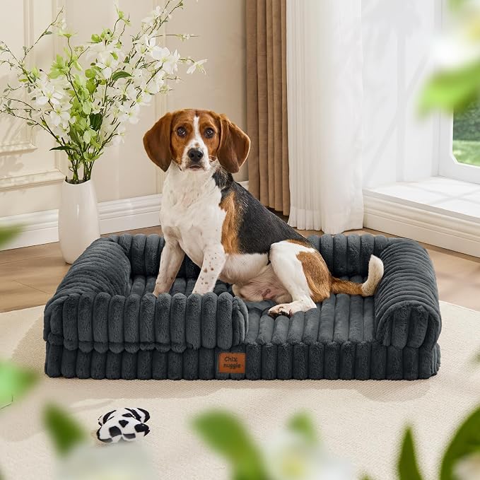 Orthopedic Dog Bed for Large Dogs, Washable Dog Bed with Faux Rabbit Fur Waterproof Cover, High Density Egg Crate Foam Support with 3-Sided Bolsters for Senior Dogs, Non-Skid Bottom,35x28x7, Dark Grey