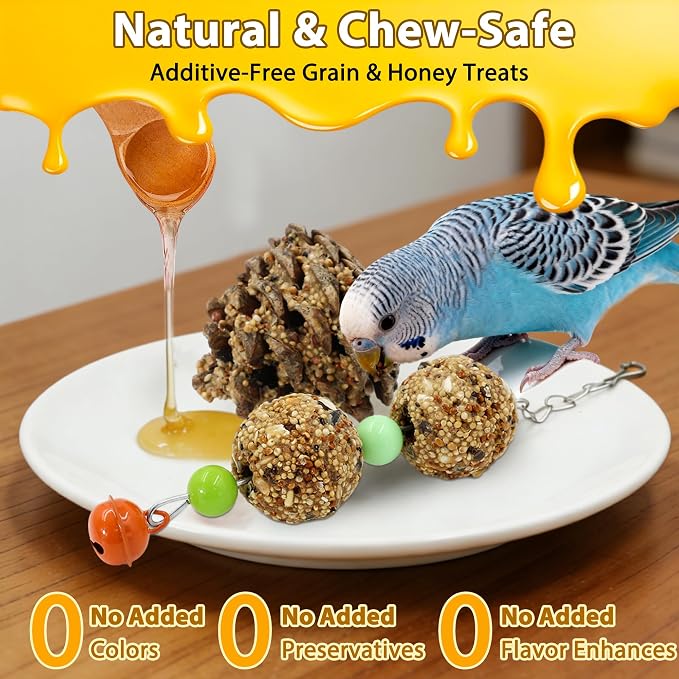2pcs Bird Spinner Toys for Parrots and Parakeet Treat Sticks, Natural Wood Parakeet Toys with Bells and Natural Honey Snacks for Cockatiel, Conure, Lovebird, Budgie, Quaker