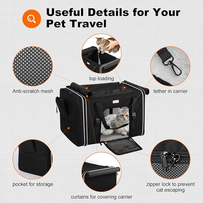 pidipiti 24 x 17 x17 Extra-Large Soft-Sided pet Carrier for 2 Cats / 1 Large cat, car Travel Kennel for Medium Dog,Long Distance Road Trip Transport cage with Litter Box.