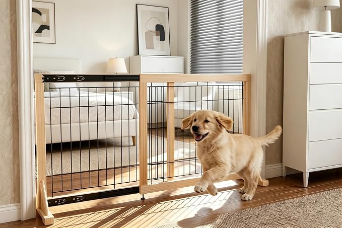 Freestanding Wooden Dog Gate for Doorways & Stairs, Adjustable Width 23.6"–45.3", No-Drill Indoor Pet Barrier for Small Dogs & Puppies, Foldable Dog Gate for Hallways, 23.6" Tall