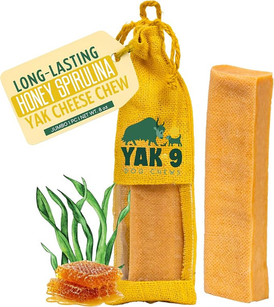 Yak9 Himalayan Yak Cheese Dog Chew, Honey & Spirulina | High Protein Treats, High Fiber, Rawhide Free, Long Lasting Treats | Jumbo Size Flavored Yak Chew, 1 PC