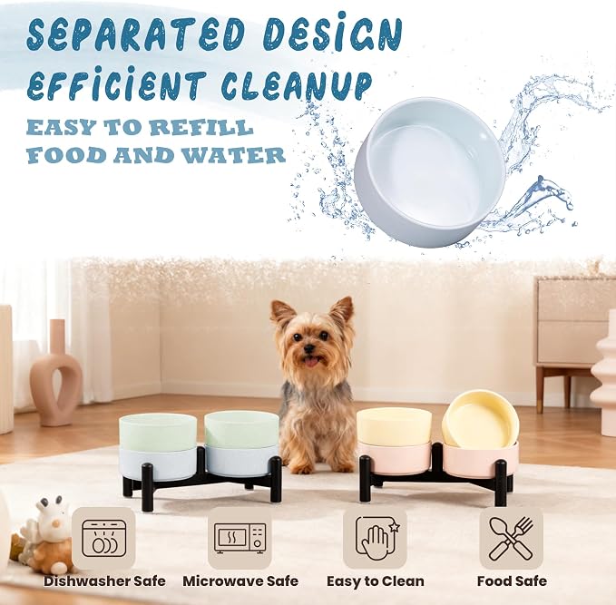 Elevated Ceramic Dog Bowl Set - Cute Double Dishes with Stainless Steel Stand – Raised Feeding Bowls for Cats and Small Dogs - Food & Water Set - 5" / 1.4 Cups (140 g / 260 ml) - Green