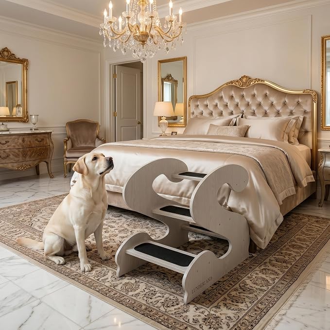 Wood Dog Stairs for Bed and Sofa (WhiteMapleGrainPatten) | 3-Step Small Senior Pet 23¼ D x 16¾" W x 19⅜ H,Trainer-Recommended Wood Ramp Steps