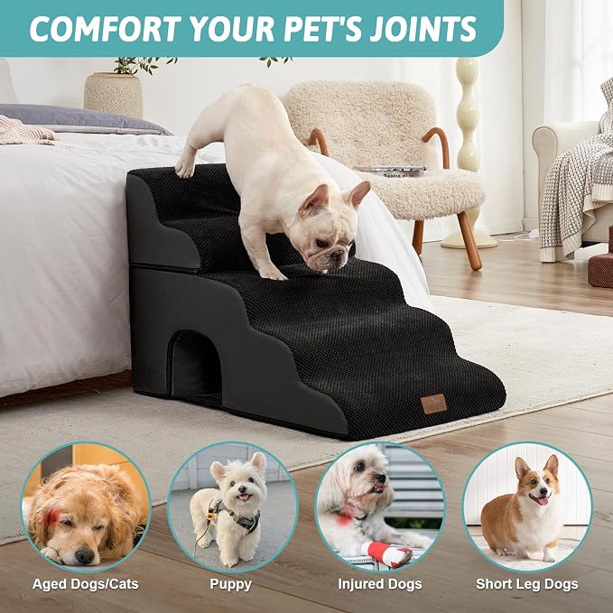COZY KISS Dog Stairs for Small Dogs, 3-Step 2 in 1 Transformable Pet Stairs for Couch and Bed, 15.7" H Dog Steps for Old Cats, Puppy, Small Dogs (Black, 17.7x33x22.4 in, 5)
