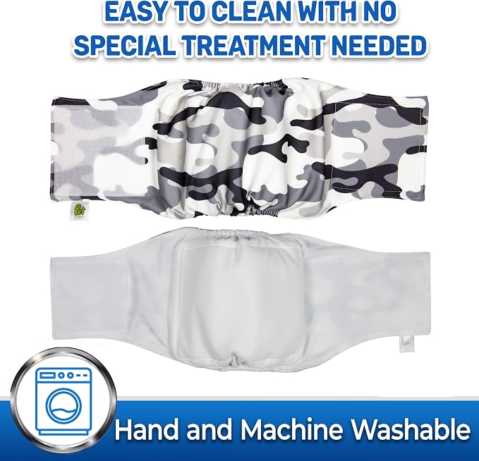 PET MAGASIN Male Dog Belly Bands Washable - Reusable Dog Diapers Male for Small Medium Large Dogs - Adjustable Wraps for Incontinence & Training - Pack of 3 (Camo, Small (13"-15" Waist))