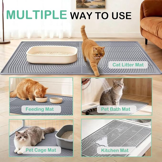 SORKUT Cat Litter Mat for Litter Box, 40x28 Inch Extra Large Silicone Litter Trapping Mat, Waterproof & Non-Slip Floor Protector, Soft on Kitty Paws, Easy to Clean & Durable, Gray