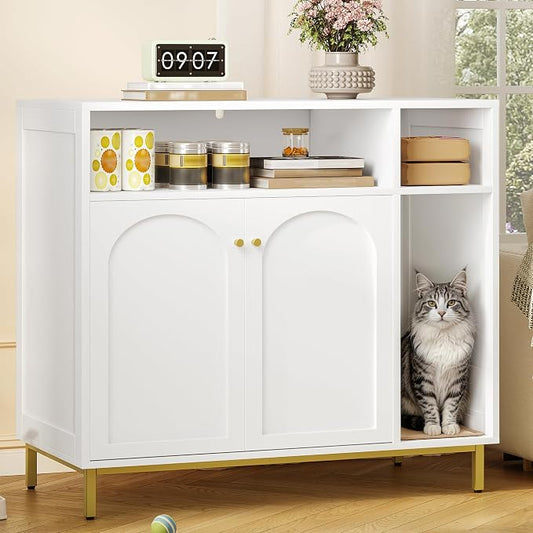 Hzuaneri Cat Litter Box Furniture, Hidden Cat Litter Box Enclosure with Storage, Wooden Cats Cabinet with Scratch Pad, Cats House, Modern End Table for Living Room Entryway, White and Gold CB89503G