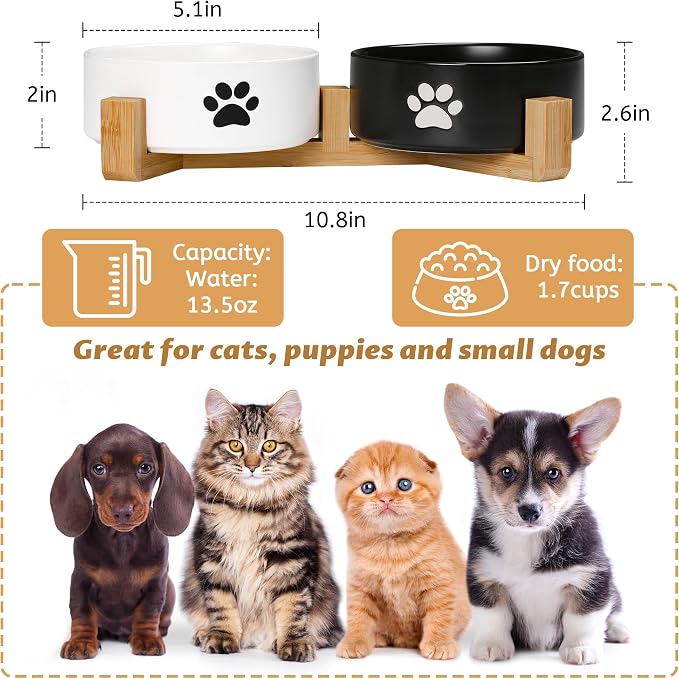 Dog Bowls, Non Slip Heavy Ceramic Dog Food and Water Bowl, Pet Feeding Bowl for Cats, Puppies and Small Dogs (2 Bowls+ 1 Stand-Black and White, 5.1 Inches)