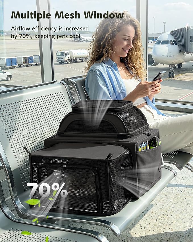 Pecute Top Side Expandable Pet Carrier Airline Approved Dog Cat Carrier, Breathable Soft-Sided with Locking Zippers, Pet Travel Bag for Small Dog Cat Leakproof Pee Pad ((Dark Gray)
