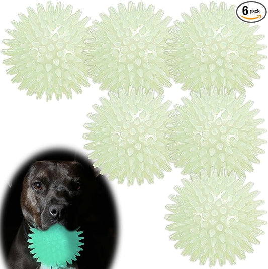 LECHONG 6-Pack Glow in The Dark Squeaky Dog Balls, 3.5” Spiky Dog Toy Balls, Durable Glowing Rubber Fetching Ball for Medium & Large Dogs Nighttime Playing Indoors & Outdoors