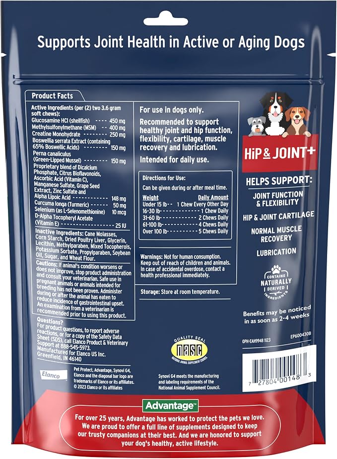 Pet Protect Dog Hip & Joint+ Supplement for Active & Aging Dogs, Vet-Formulated Synovi G4, Dog Glucosamine, Chicken-Flavored Soft Chews (120 Count)