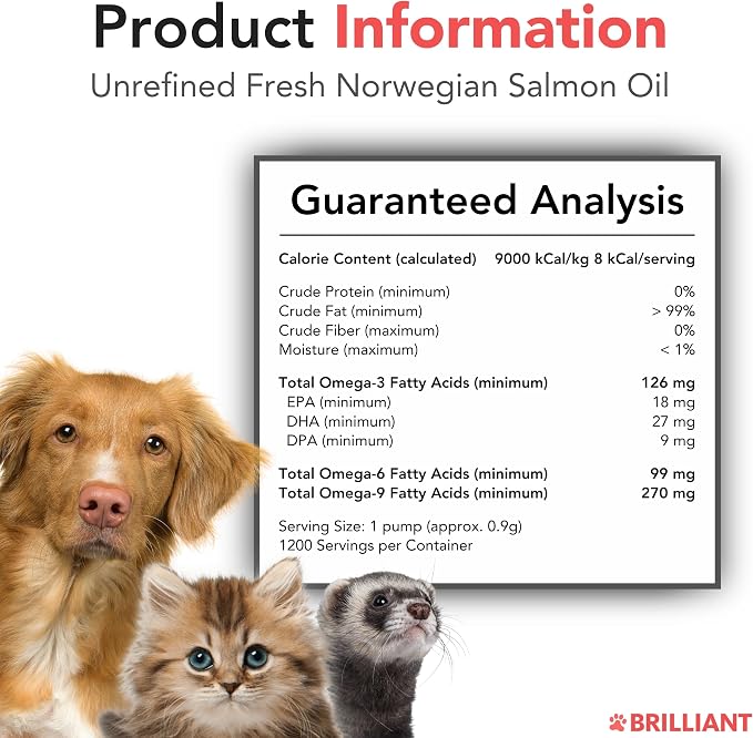 Brilliant Norwegian Salmon Oil for Dogs, Cats, Horse, Ferret - Pure Omega 3, 6 & 9 Fish Oil Food Treats Supplement for Natural Coat, Immune Support, Itchy Skin, Joint & Brain Health - 40 Oz