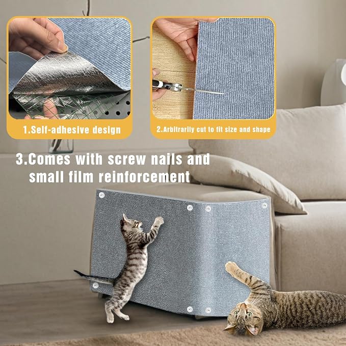 3PCS Cat Scratch Mat, 39.4"x11.9" DIY Trimmable Self-Adhesive Cat Scratching Mat, Couch Protector from Cats Claw, Indoor Furniture Protector for Cats Scratching (Light Gray)