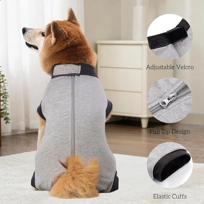Dog Recovery Suit After Surgery, Abdominal Wound Protection Onesie, Anti-Licking Substitute for E-Collar & Cone, Relieves Anxiety, Easy to Put On, Suitable for Male & Female Dogs (Grey, Small)