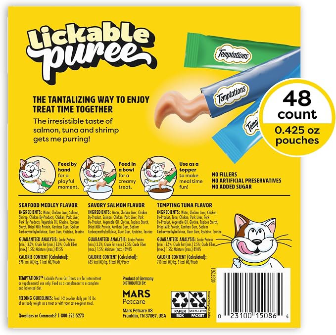 Temptations Creamy Puree Squeezable Lickable Cat Treats, Wet Cat Treats with Tuna, Salmon, and Seafood Medley Variety Pack, 0.42 oz. Tubes, 48 Count