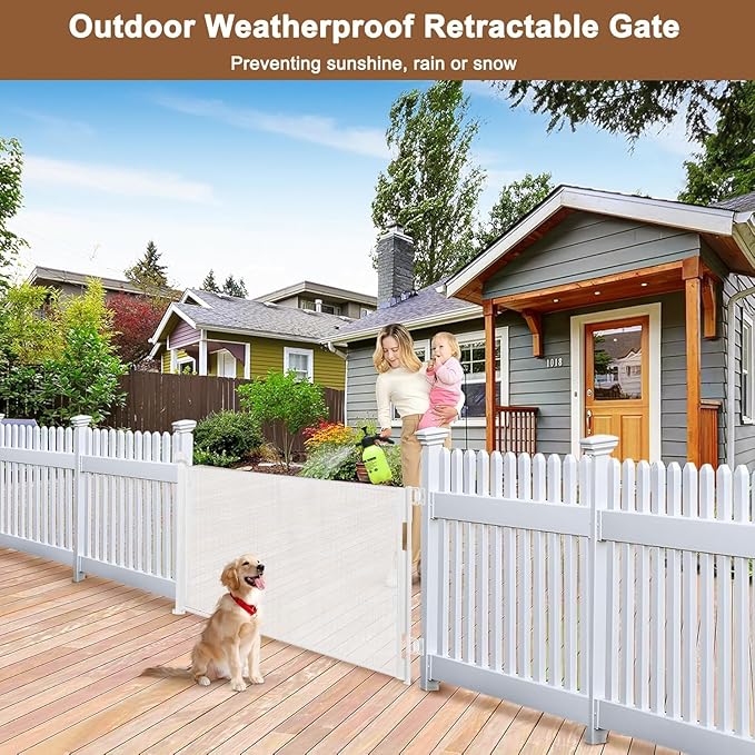 100" Wide Weatherproof Outdoor Retractable Gate for Dogs with No Rust Screws and Rods, Waterproof 8 Ft Extra Long Baby Gates for Large Openings, Scratch-Resistant Mesh Retractable Baby Gates, White