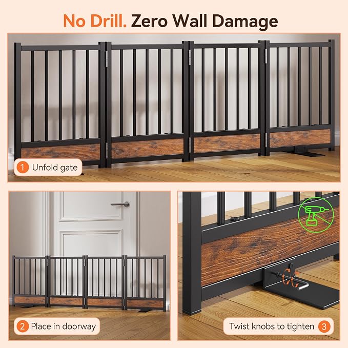 Dog Gate for Small Dogs, 15.7" Short No Drill Foldable Reinforced Base Pet Fence, Heavy Duty Step-Over Doorway Puppy Barrier, Anti-Tip Metal Frame, Supports 200+ lbs, Black