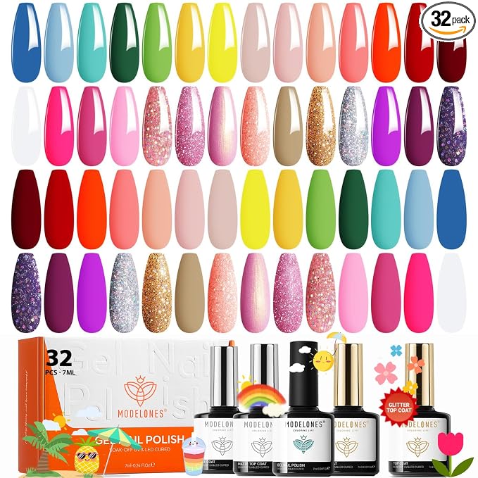 Modelones 32 PCS Gel Nail Polish Set, 28 Colors 2026 Summer LGBT Bright Neon Yellow Pink Blue White Gel Polish with No Wipe Base Coat, Glitter & Glossy & Matte Top Coat LED Nail Art Kit Salon DIY Gift